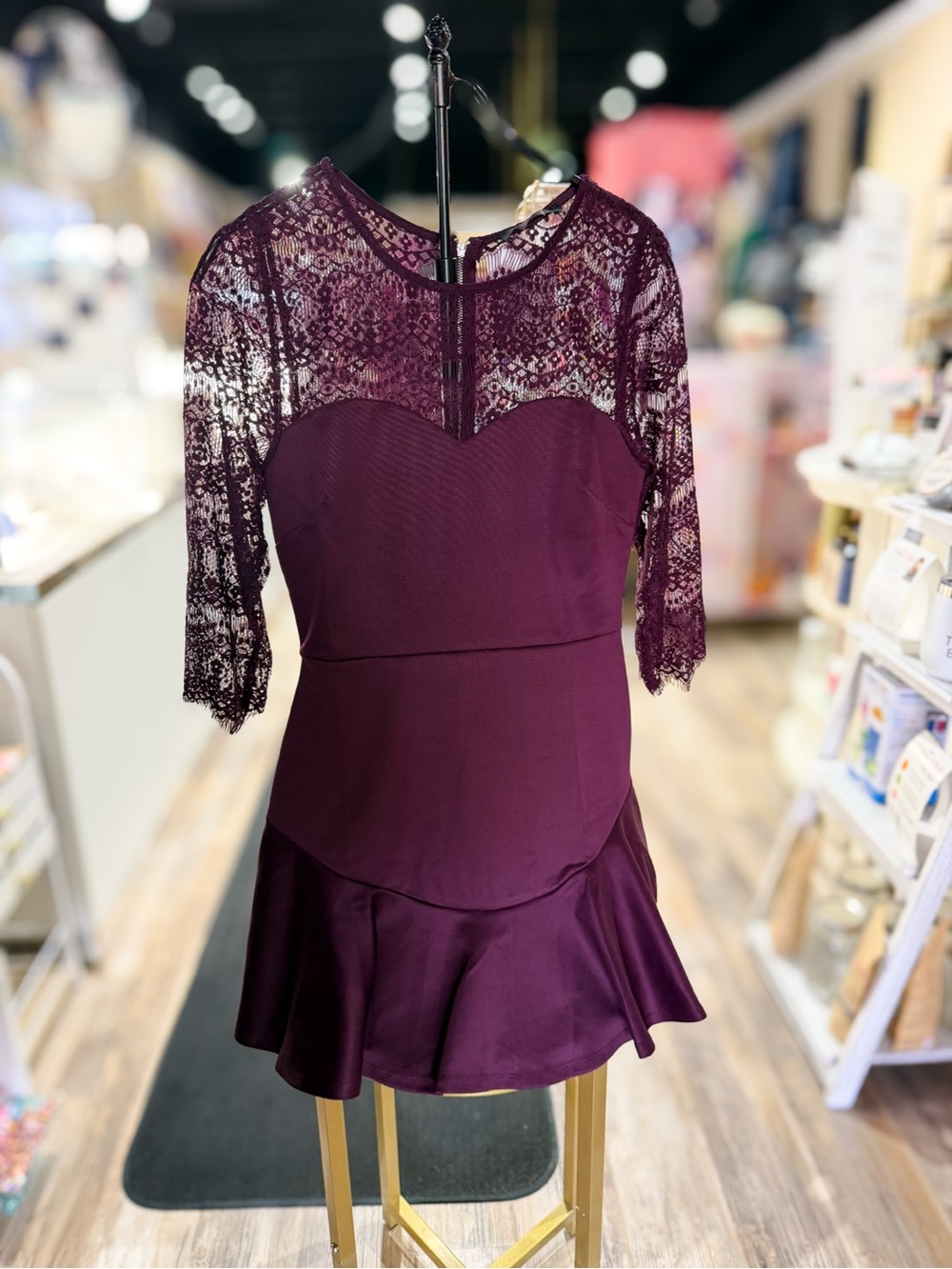 Lace Yoke Mini Dress in Deep Plum